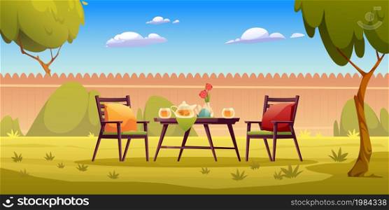 Backyard garden with served table, teapot, cups, flowers and chairs with soft pillows. Cottage barbecue area with fence and trees. Summer morning breakfast at home park, Cartoon vector illustration. Backyard garden with served table, teapot, cups