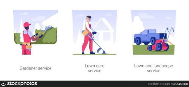 Backyard maintenance service isolated concept vector illustration set. Gardener service, lawn care and landscape service, cut plants, shrubs trimming, remediation in landscaping vector cartoon.. Backyard maintenance service isolated concept vector illustrations.