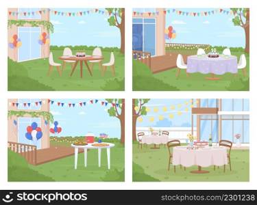 Backyard party arrangement flat color vector illustration set. Summertime activities. Birthday party. Independence day. Helium balloons. 2D simple cartoon landscape with decorations on background. Backyard party arrangement flat color vector illustration set