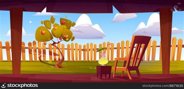 Backyard terrace with chair and cocktail. Cartoon summer panoramic scene or garden with tree and fence, blue sky with clouds. Wooden house patio or balcony with access to courtyard for leisure.. Backyard terrace with chair and cocktail.