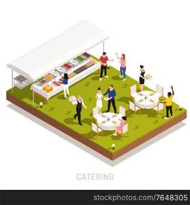 Backyard wedding reception catering with outdoor buffet and waiters serving tables on grassy area isometric vector illustration