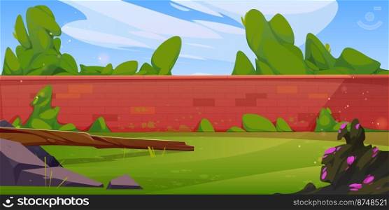 Backyard with brick wall fence, green grass, bushes with flowers and trees. Empty house yard, park lawn, summer nature landscape with plants, fence, stone and log, vector cartoon illustration. Backyard with brick wall fence, green grass