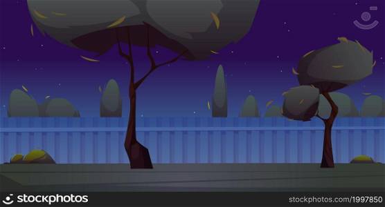Backyard with fence, grass and trees at night. Vector cartoon illustration of empty suburb house yard, garden or park. Summer landscape with lawn and stars in dark sky. Backyard with fence, grass and trees at night