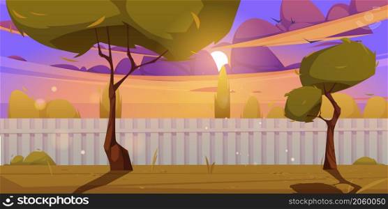 Backyard with fence, grass and trees at sunset. Vector cartoon illustration of empty suburb house yard, garden or park at evening. Autumn landscape with lawn and fencing. Backyard with fence, grass and trees at sunset
