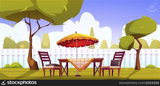 Backyard with fence, table, chairs, umbrella, green trees and grass. Vector cartoon illustration of summer landscape of patio or garden with furniture for picnic on lawn. Backyard with fence, table, chairs, umbrella