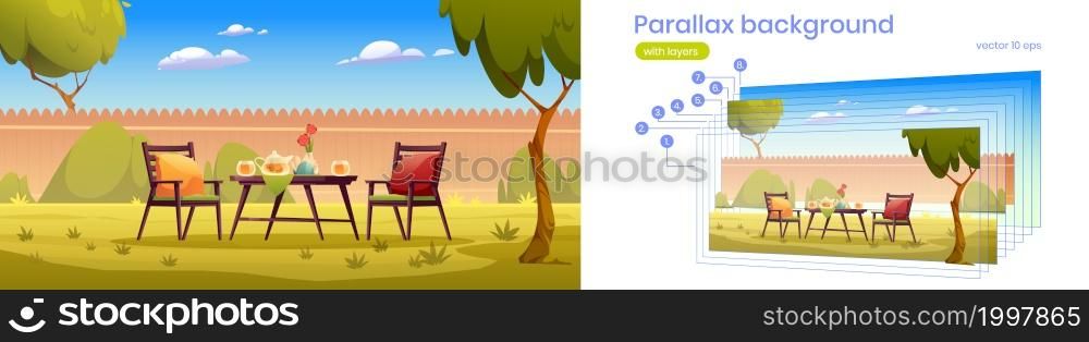 Backyard with tea and flowers on table, chairs, fence, green trees and grass. Vector parallax background for 2d animation with cartoon summer landscape of patio with furniture for picnic on lawn. Parallax background of backyard with tea on table