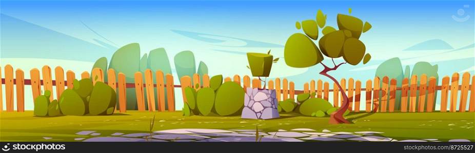 Backyard with wooden fence, green grass, bushes, trees and topiary. Empty countryside house yard, garden or park, summer landscape with fence and stone paved ground, vector cartoon illustration. Backyard with wooden fence, green grass, trees
