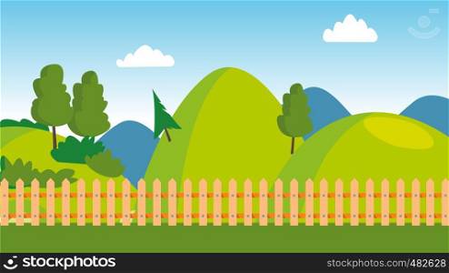 Backyard, Wooden Fence, Cartoon Lawn Vector Panorama. Backyard Scenery, Scenic Landscape, Countryside Recreation, Scene With Trees. Green Hills, Natural Environment. Valley Flat Illustration. Backyard, Wooden Fence, Cartoon Lawn Vector Panorama