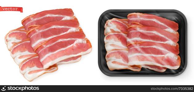 Bacon, meat in the package. Food 3d vector realistic