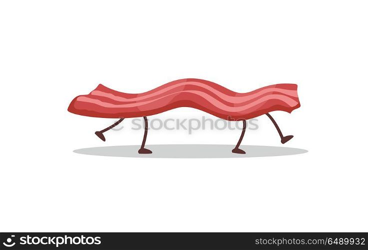 Bacon Running Away Isolated on White. Funny Food. Bacon running away isolated on white. Funny food story conceptual banner. Fresh cooked meat character in cartoon style. Happy meal for children. For childish menu poster. Vector design illustration