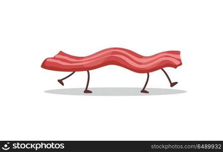 Bacon Running Away Isolated on White. Funny Food. Bacon running away isolated on white. Funny food story conceptual banner. Fresh cooked meat character in cartoon style. Happy meal for children. For childish menu poster. Vector design illustration