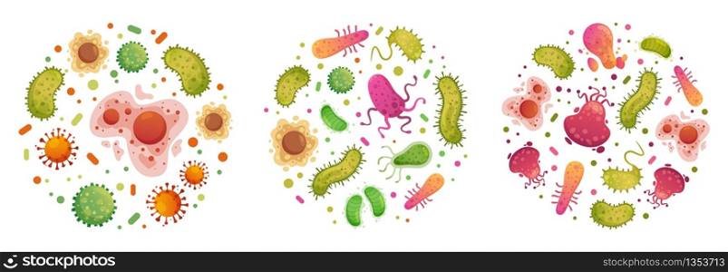 Bacteria and germ in circle. Bacterias, disease cells and germs in round frame. Human diseases cartoon vector illustration set. Bacteria biology, bacterium virus, microorganism infection. Bacteria and germ in circle. Bacterias, disease cells and germs in round frame. Human diseases cartoon vector illustration set