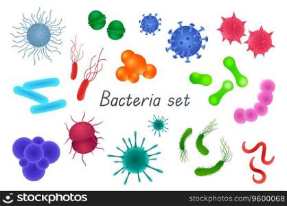 Bacteria and germs 3d realistic set. Bundle of different types of microscopic organisms, microbes, viruses, infection and disease cells, bacillus and other isolated elements.Vector illustration