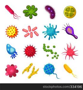 Bacteria and germs colorful set micro-organisms disease-causing objects, bacteria, viruses, pandemic microbes, fungi. Vector isolated cartoon biological icons. Bacteria and germs colorful set micro-organisms disease-causing objects, bacteria, viruses, fungi. Vector isolated cartoon illustration