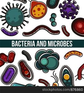 Bacteria and microbes poster with text sample and organisms vector. Biological molecule and molecular small particles, harmful and useful germs, microscopic bacillus microorganisms set shapes. Bacteria and microbes poster with text and organisms vector