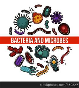 Bacteria and microbes science poster with biological organisms. Simplest micro bodies with short antennas of various shapes in circle isolated cartoon flat vector illustration on white background.. Bacteria and microbes science poster with biological organisms
