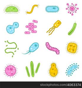 Bacteria and verus microscopic organisms flat icons set isolated vector illustration. Bacteria icons set
