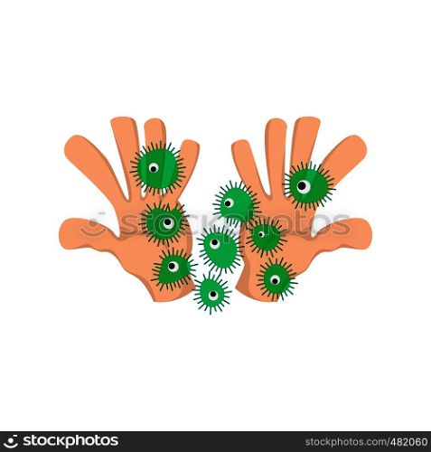 Bacteria and virus cells on human palm cartoon icon on a white background. Bacteria and virus cells on human palm icon