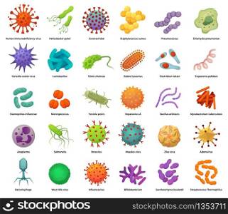 Bacteria and virus icons. Disease-causing bacterias, viruses and microbes. Color germs, bacterium types vector illustration set. Coronavirus and bacterium, pathogen hepatovirus and zika. Bacteria and virus icons. Disease-causing bacterias, viruses and microbes. Color germs, bacterium types vector illustration set