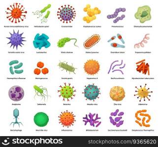 Bacteria and virus icons. Disease-causing bacterias, viruses and microbes. Color germs, bacterium types vector illustration set. Coronavirus and bacterium, pathogen hepatovirus and zika. Bacteria and virus icons. Disease-causing bacterias, viruses and microbes. Color germs, bacterium types vector illustration set