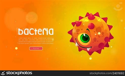 Bacteria banner with cute round microbe character. Vector medical poster with cartoon illustration of funny orange germ, virus or bacterium cell. Comic circle microorganism with spikes. Bacteria banner with cute round microbe character