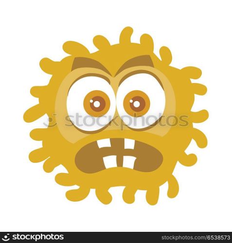 Bacteria cartoon character with eyes and mouth. Brown funny microbe flat vector illustration isolated on white background. Virus, germ, monster or parasite icon. For medical, hygienic, science concept. Brown Bacteria Cartoon Vector Character Icon . Brown Bacteria Cartoon Vector Character Icon