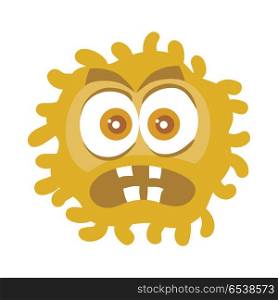 Bacteria cartoon character with eyes and mouth. Brown funny microbe flat vector illustration isolated on white background. Virus, germ, monster or parasite icon. For medical, hygienic, science concept. Brown Bacteria Cartoon Vector Character Icon . Brown Bacteria Cartoon Vector Character Icon