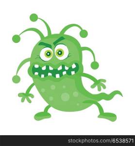 Bacteria cartoon character with eyes and mouth. Green angry microbe flat vector illustration isolated on white background. Virus, germ, monster or parasite icon. For medical, hygienic, science concept. Green Bacteria Cartoon Vector Character Icon . Green Bacteria Cartoon Vector Character Icon