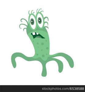 Bacteria cartoon character with eyes and mouth. Green funny microbe flat vector illustration isolated on white background. Virus, germ, monster or parasite icon. For medical, hygienic, science concept. Green Bacteria Cartoon Vector Character Icon . Green Bacteria Cartoon Vector Character Icon