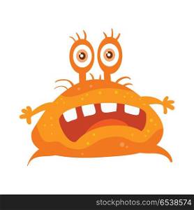 Bacteria cartoon character with eyes and mouth. Orange funny microbe flat vector illustration isolated on white background. Virus, germ, monster, parasite icon. For medical, hygienic, science concept. Orange Bacteria Cartoon Vector Character Icon . Orange Bacteria Cartoon Vector Character Icon
