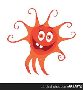 Bacteria cartoon character with eyes and mouth. Red funny microbe flat vector illustration isolated on white background. Virus, germ, monster or parasite icon. For medical, hygienic, science concept. Red Bacteria Cartoon Vector Character Icon . Red Bacteria Cartoon Vector Character Icon