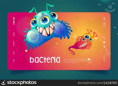 Bacteria cartoon landing page, cute virus or germ cells character with funny faces. Smiling pathogen microbes, monsters with big eyes and teeth, infusoria slipper, influenza, allergy Vector web banner. Bacteria cartoon landing page, cute virus cells