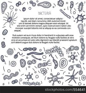 Bacteria cell composition with frame. Microorganism collection background. Vector doodle style banner.
