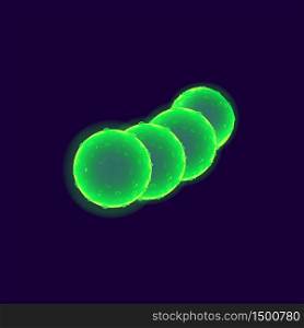 Bacteria cell realistic vector illustration. Pathogenic organism. Streptococcus chain. 3d isolated green color round shape microorganism under microscope on dark blue background. Bacteria cell realistic vector illustration