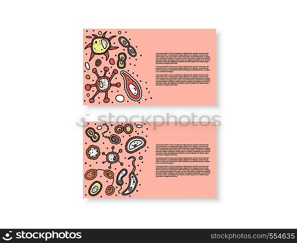 Bacteria cells backgrounds. Microorganism collection on cards. Vector doodle style composition.
