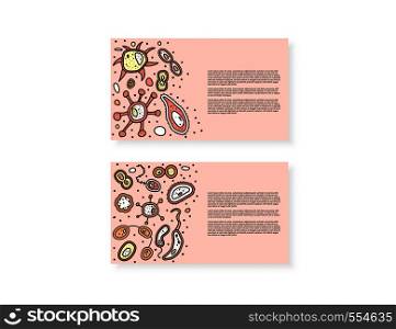 Bacteria cells backgrounds. Microorganism collection on cards. Vector doodle style composition.