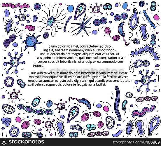 Bacteria cells border with space for text. Microorganism collection. Vector doodle style composition.