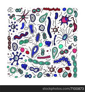 Bacteria cells collection. Set of microorganisms shape. Vector doodle style composition.