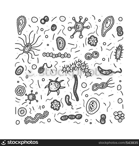 Bacteria cells colloring page. Microorganism collection. Vector doodle style composition.