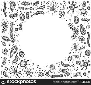 Bacteria cells frame banner. Microorganism collection coloring book. Vector doodle style composition.