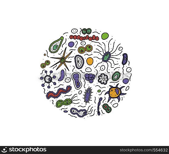 Bacteria cells round badge. Microorganism collection. Vector doodle style composition.