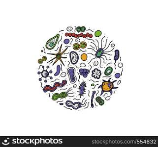 Bacteria cells round badge. Microorganism collection. Vector doodle style composition.