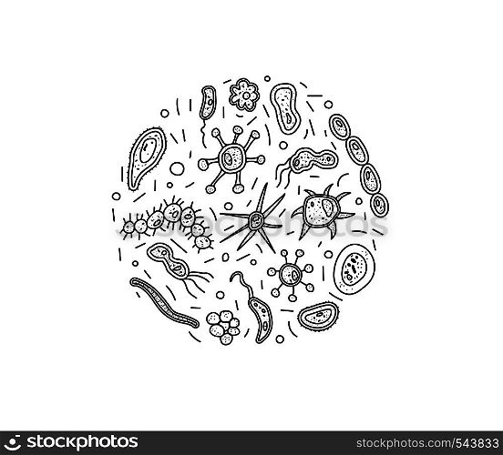 Bacteria cells round composition. Microorganism collection isolated on white background. Coloring book. Vector doodle style composition.