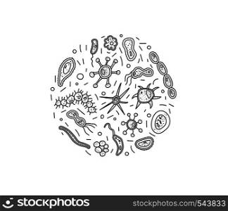 Bacteria cells round composition. Microorganism collection isolated on white background. Coloring book. Vector doodle style composition.