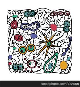 Bacteria cells square composition. Microorganism collection. Vector doodle style illustration.