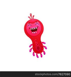 Bacteria character, microorganism with big eyes, funny pathogen isolated germ in cartoon style. Vector microbiological pink monster, laughing mutant bacterium viral infection microbe disease. Laughing cartoon virus isolated microorganism germ