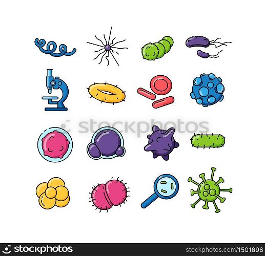 Bacteria color vector icons set. Pathogen outline illustrations. Microbiological research. Microorganisms of various shapes under microscope. Bacterial cells isolated pack. Bacteria color vector icons set