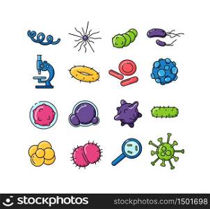 Bacteria color vector icons set. Pathogen outline illustrations. Microbiological research. Microorganisms of various shapes under microscope. Bacterial cells isolated pack. Bacteria color vector icons set