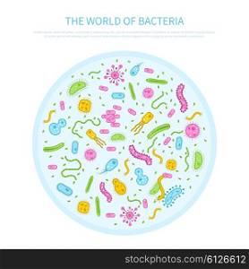 Bacteria concept illustration. Different colored bacteria in petri glass flat microbiology concept vector illustration