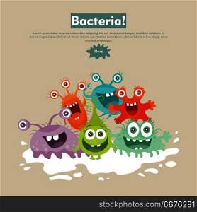 Bacteria Flat Cartoon Vector Web Banner. Bacteria web banner. Group of funny colorful microbes cartoon characters vector illustrations. Smiling and scary virus, pathogen cell, germ, parasite. For medical, hygienic, science web page design
